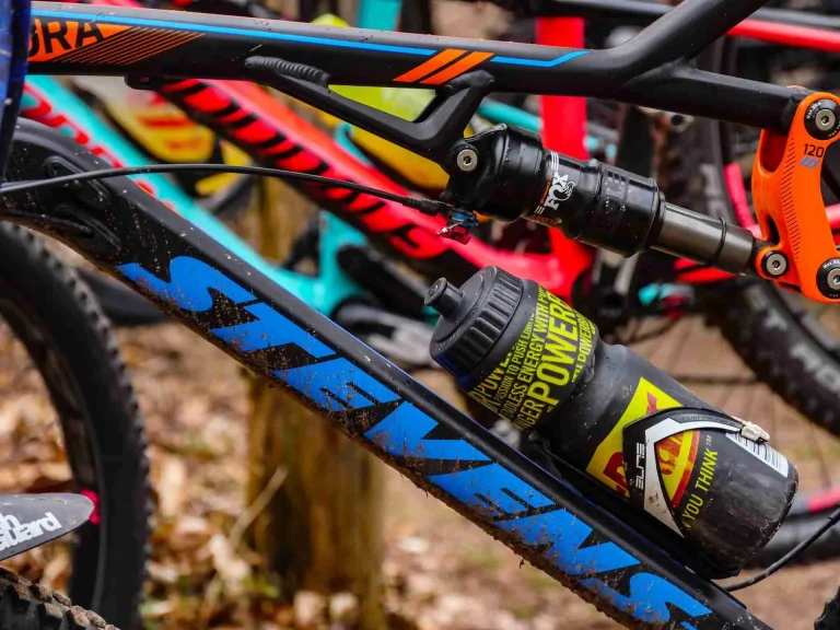 Mountain bikes fitted with sports and energy drink bottles on the frame