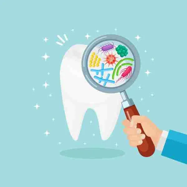 Illustration of a tooth examined with a magnifying glass revealing plaque bacteria