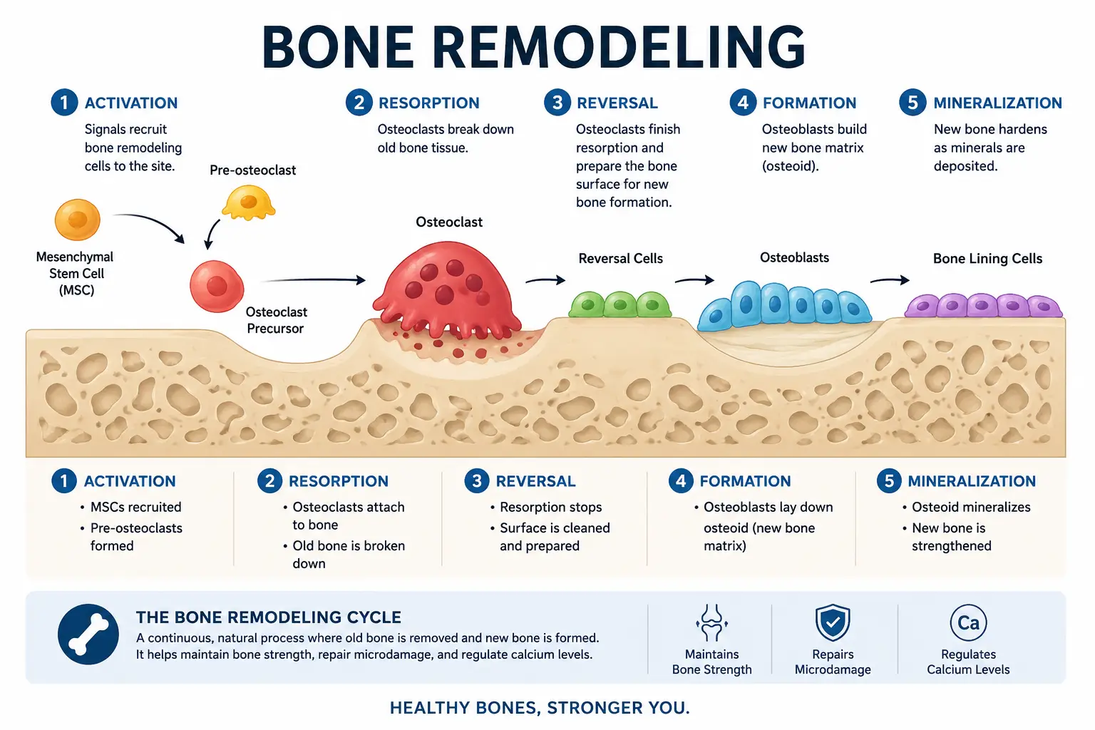 Bone remodeling diagram showing osteoclast and osteoblast activity during bone resorption and new bone formation.
