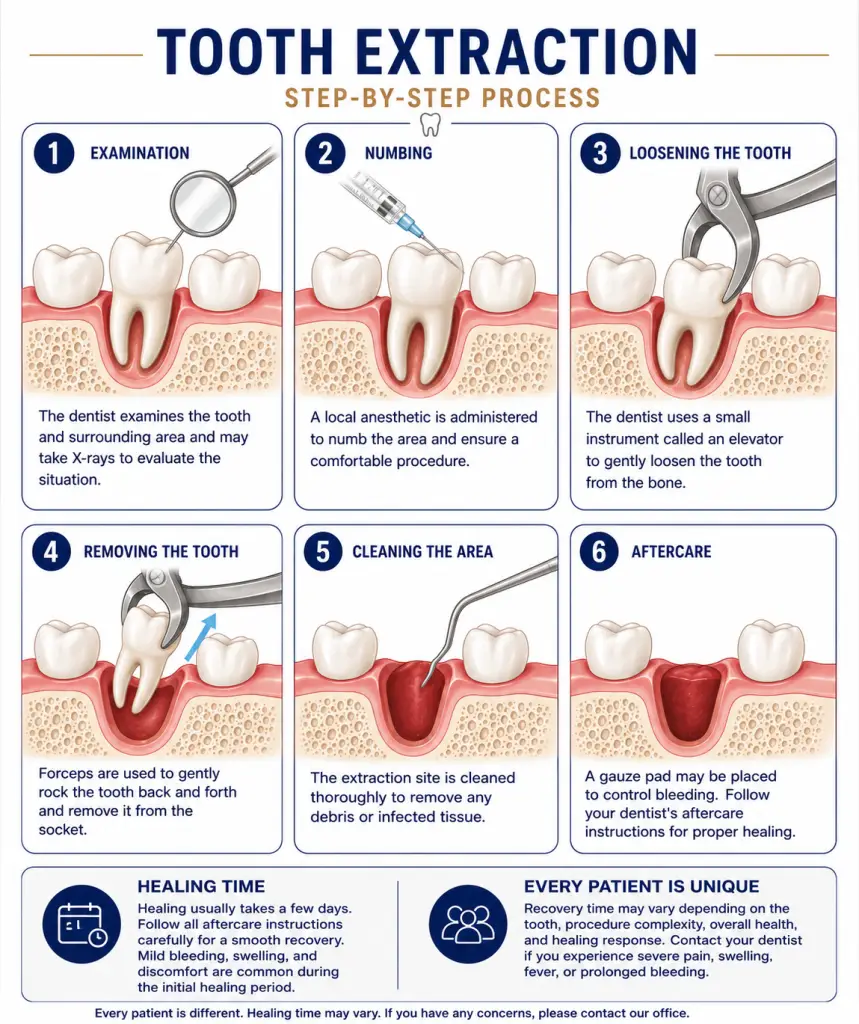 Tooth extraction infographic showing examination, local anesthesia, loosening, removal, socket cleaning, aftercare, and healing stages.