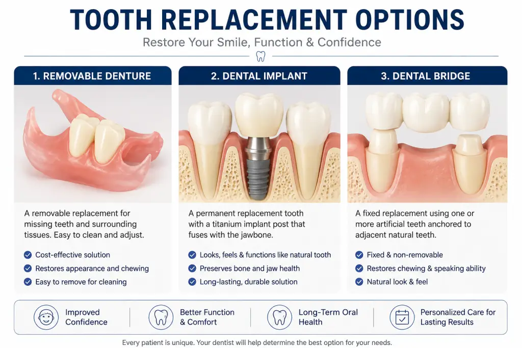 Tooth replacement options infographic comparing removable dentures, dental implants, and dental bridges for replacing missing teeth.
