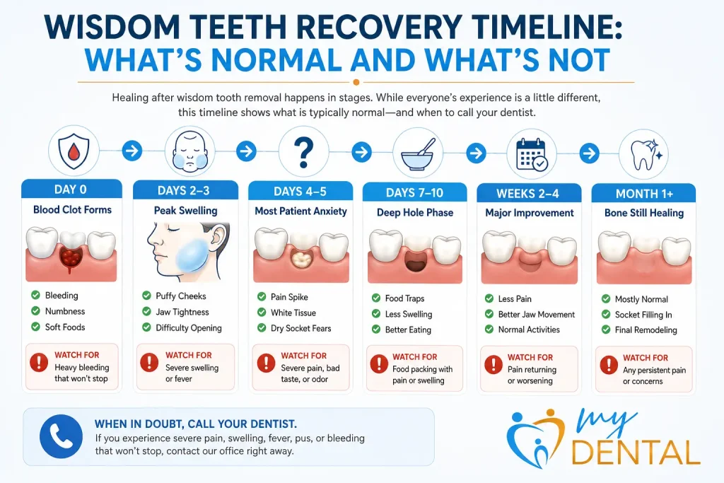 Wisdom teeth recovery timeline showing healing stages from surgery day through one month after extraction