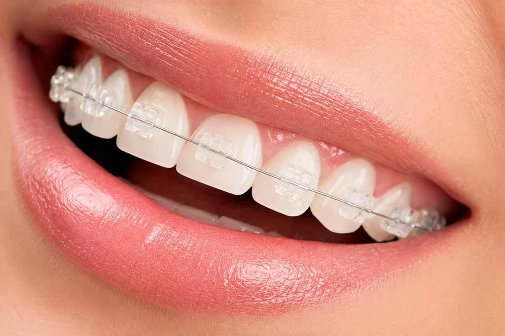 Close-up of clear ceramic braces on upper teeth showing nearly invisible fixed orthodontic brackets used to straighten teeth at MyDental in Lutz, FL.