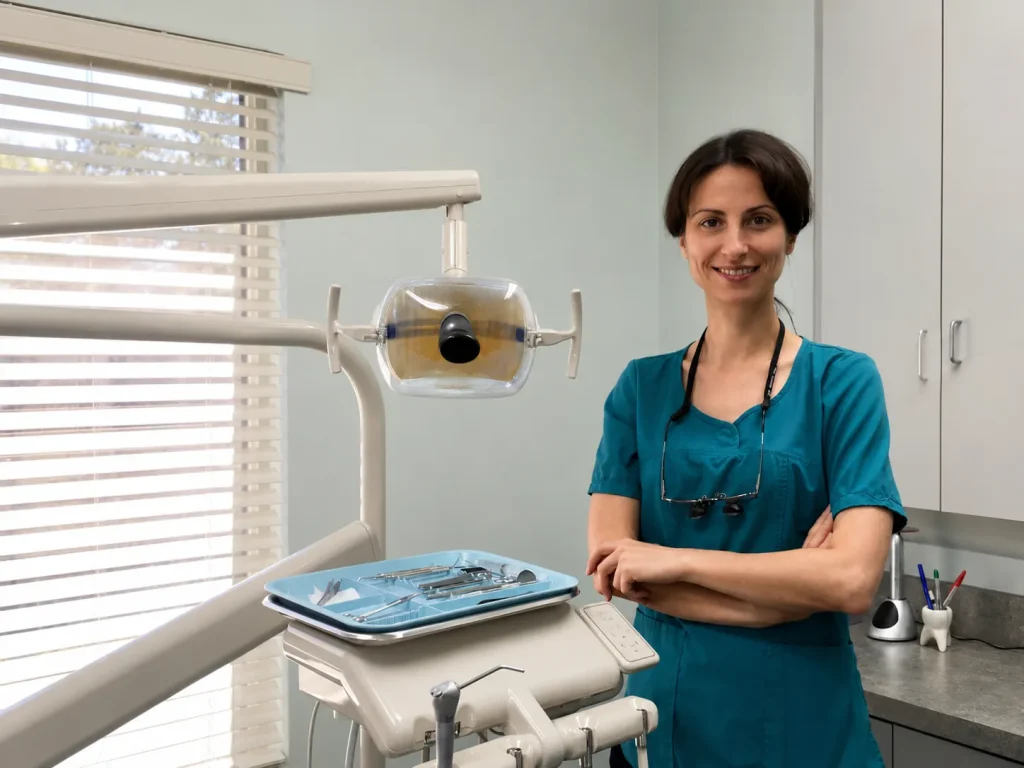Dr. Marina Shurova standing in a modern dental operatory at MyDental in Lutz, FL, providing comprehensive family, cosmetic, implant, orthodontic, TMJ, and emergency dental care.