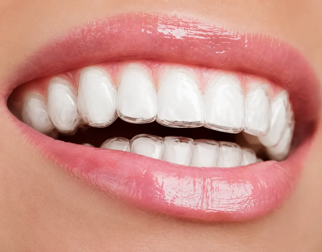 Close-up of teeth wearing Invisalign clear aligners for discreet orthodontic treatment at MyDental in Lutz, FL.