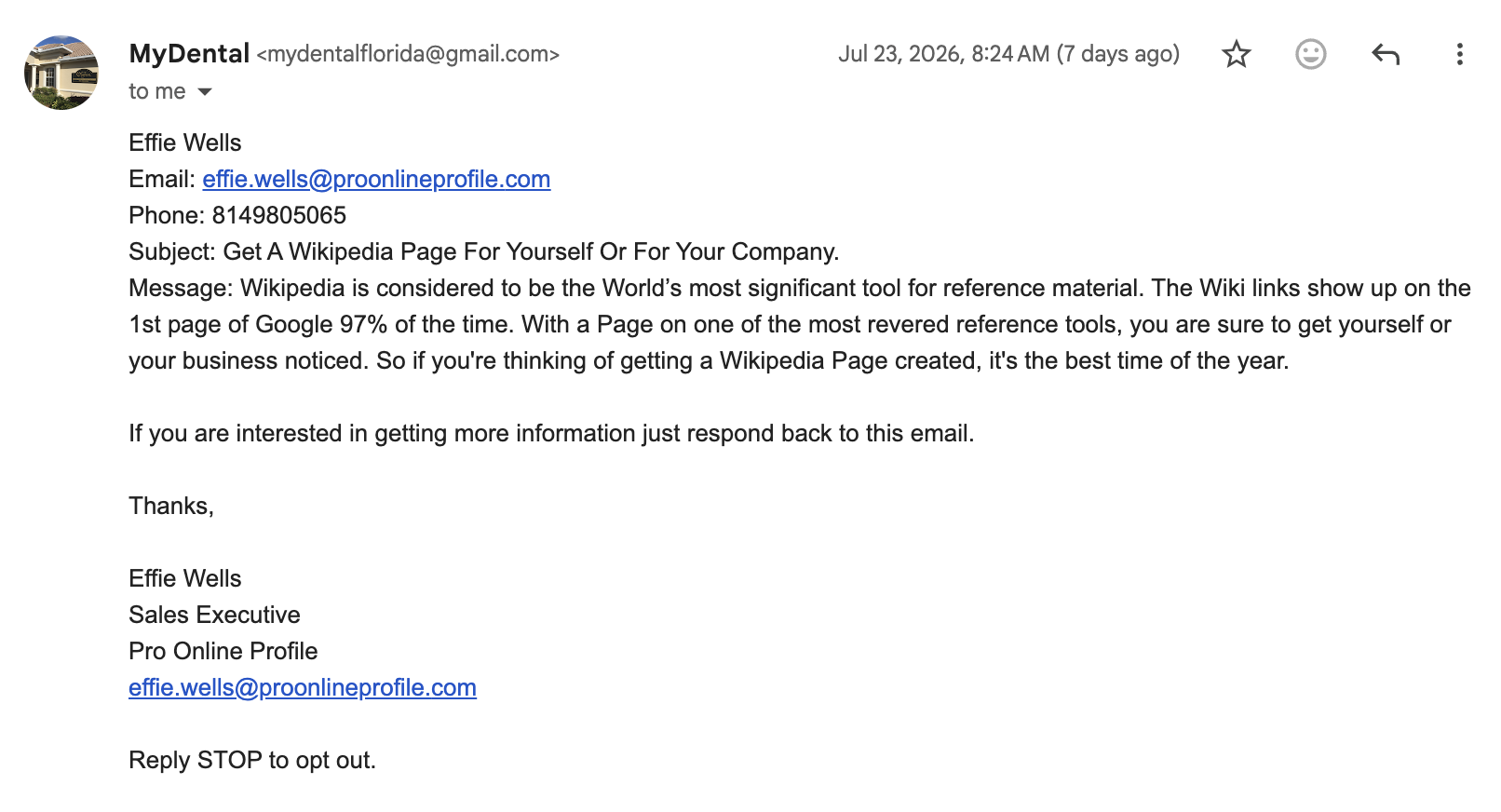 Wikipedia page scam email from Pro Online Profile sales executive Effie Wells, sent through the MyDental contact form