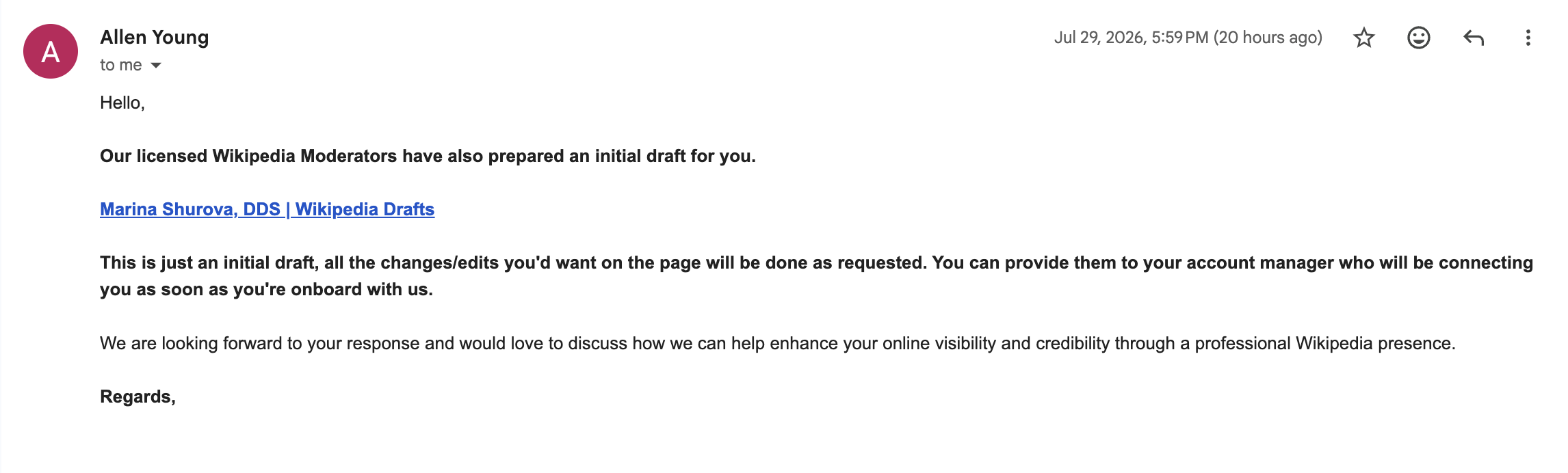 Scam email claiming licensed Wikipedia moderators prepared a draft, linking to encyclopediadrafts.org
