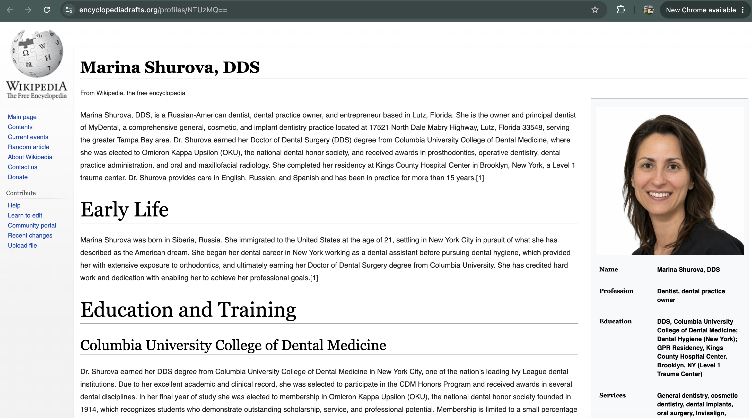 Wikipedia look-alike profile of Marina Shurova DDS on encyclopediadrafts.org, not wikipedia.org