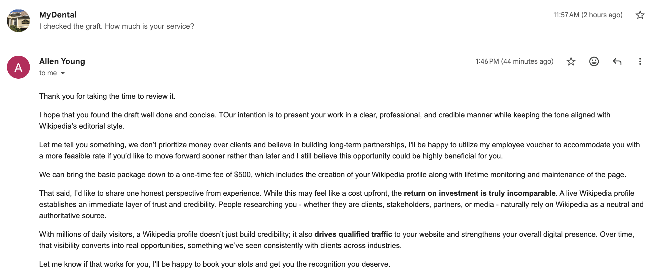 Pro Online Profile offering a 500 dollar one-time fee for a Wikipedia profile with lifetime monitoring