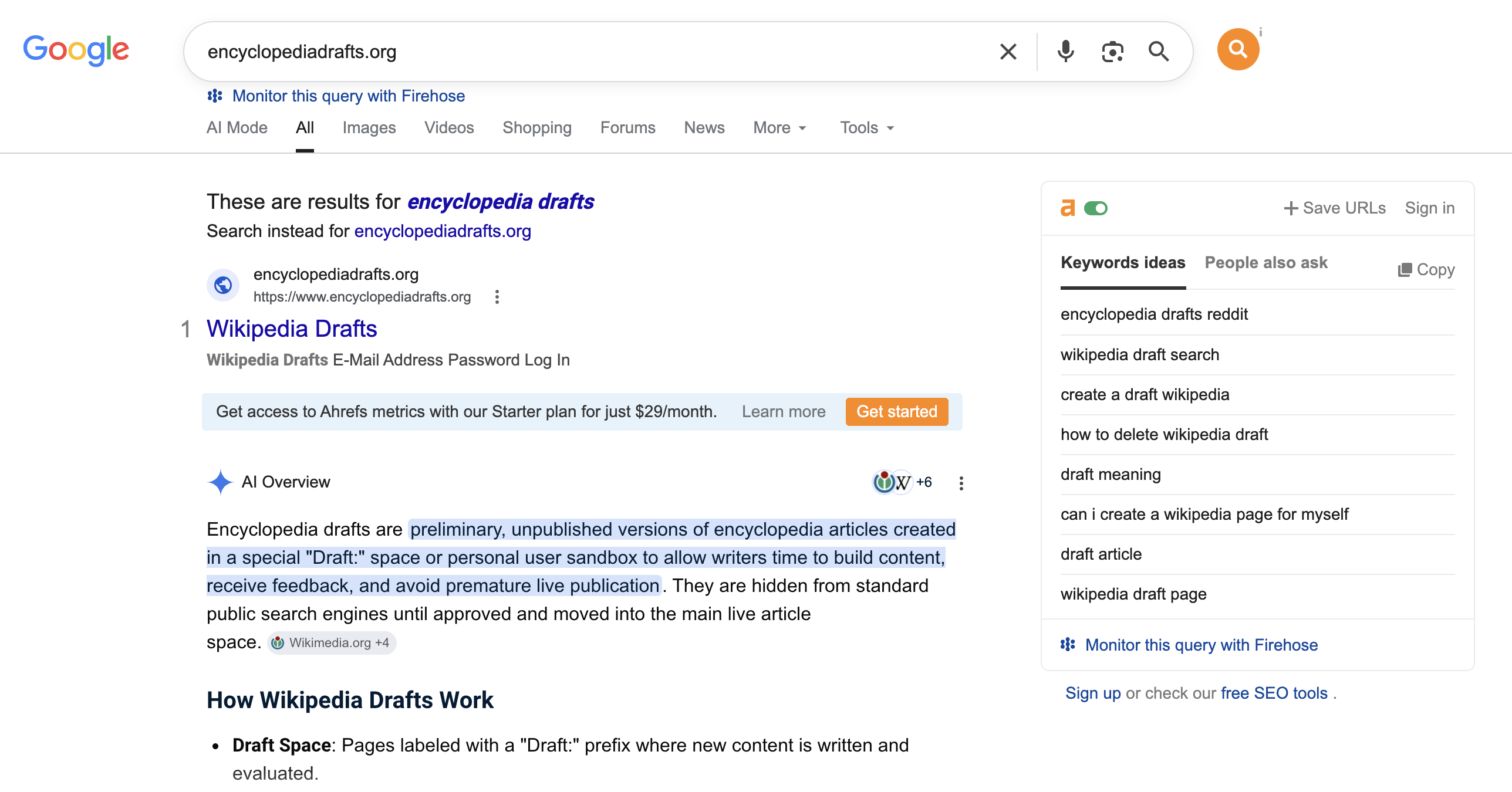 Google search for encyclopediadrafts.org showing results for encyclopedia drafts and an AI Overview describing real Wikipedia drafts
