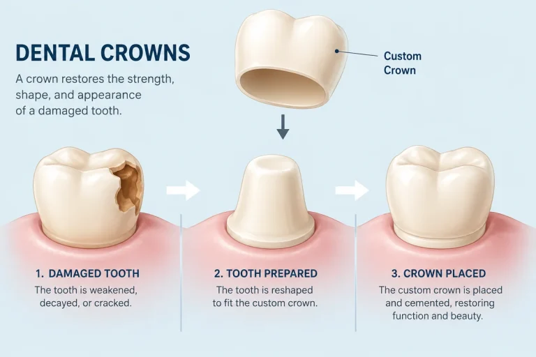 Diagram of the dental crown procedure showing a damaged tooth, the tooth prepared, and the custom crown placed