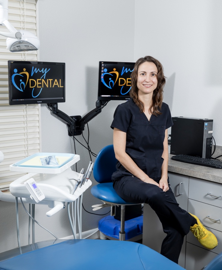 Dr. Marina Shurova, DDS, in a treatment room at MyDental in Lutz, Florida