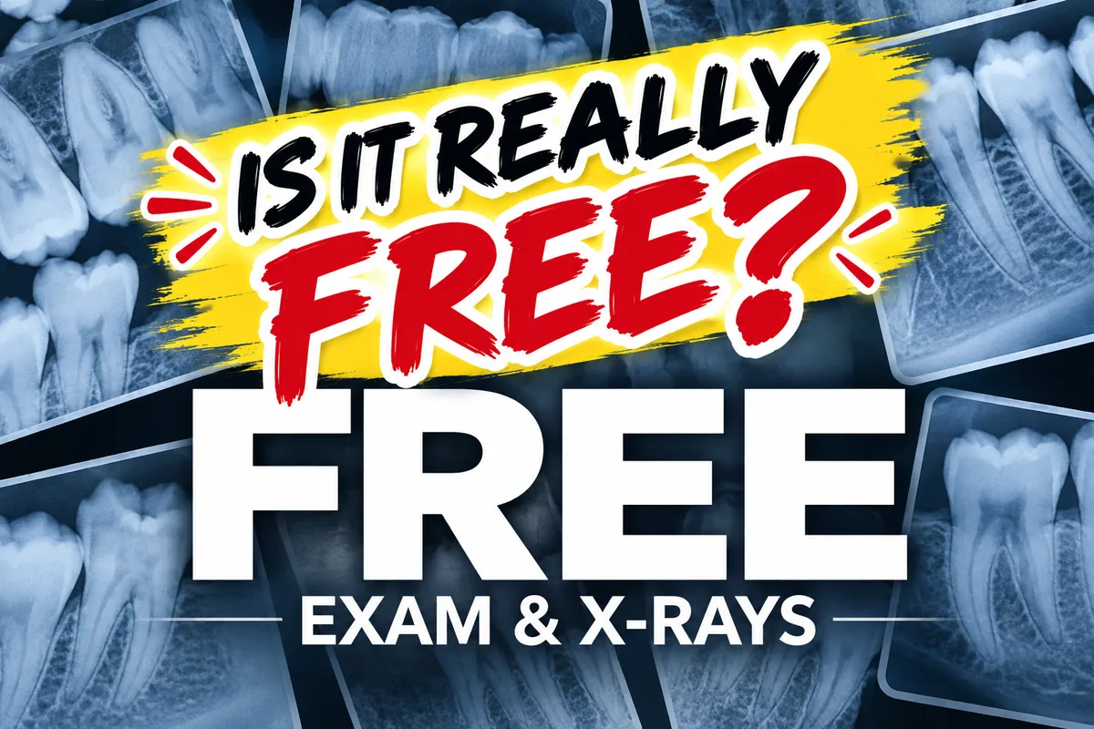 Dental x-ray behind the words Is it really free, over an advertisement offering a free exam and x-rays