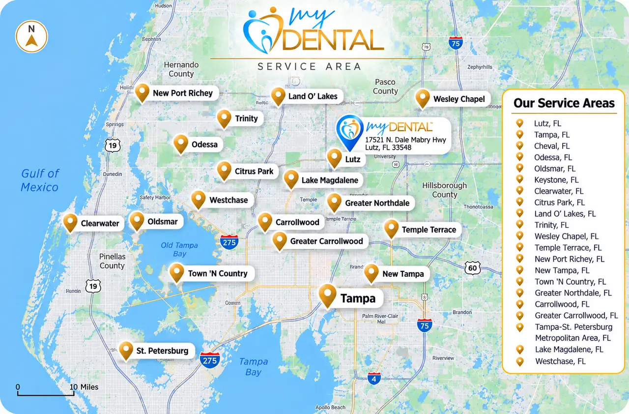 Map of the MyDental service area across Tampa Bay, showing Lutz, Tampa, Cheval, Carrollwood, Land O Lakes, Odessa, Wesley Chapel, Citrus Park and surrounding communities